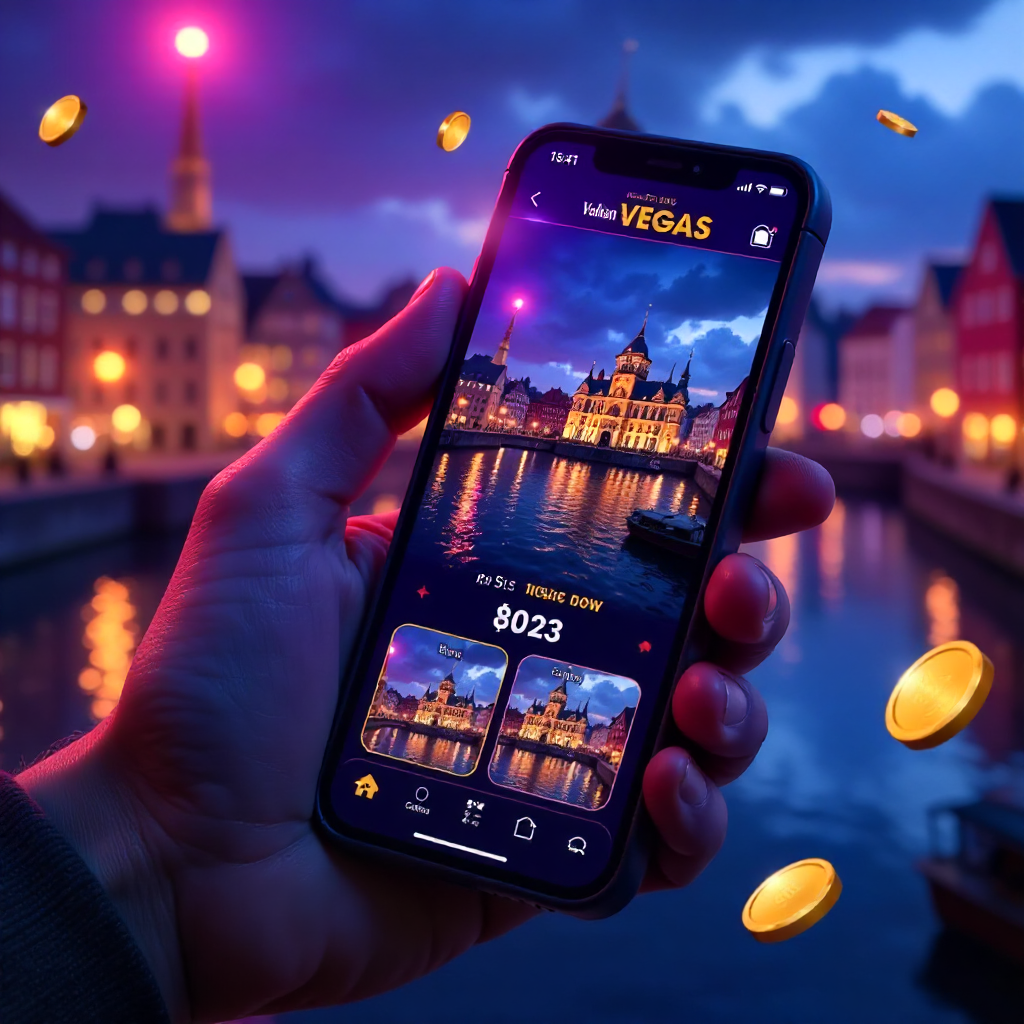 A hand holding a high-end smartphone with Vulkan Vegas colorful interface, background featuring the iconic Opera House in Oslo or the colorful wooden houses of Bryggen in Bergen. Neon blue and violet brand colors, 3D flying golden coins and vibrant casino
